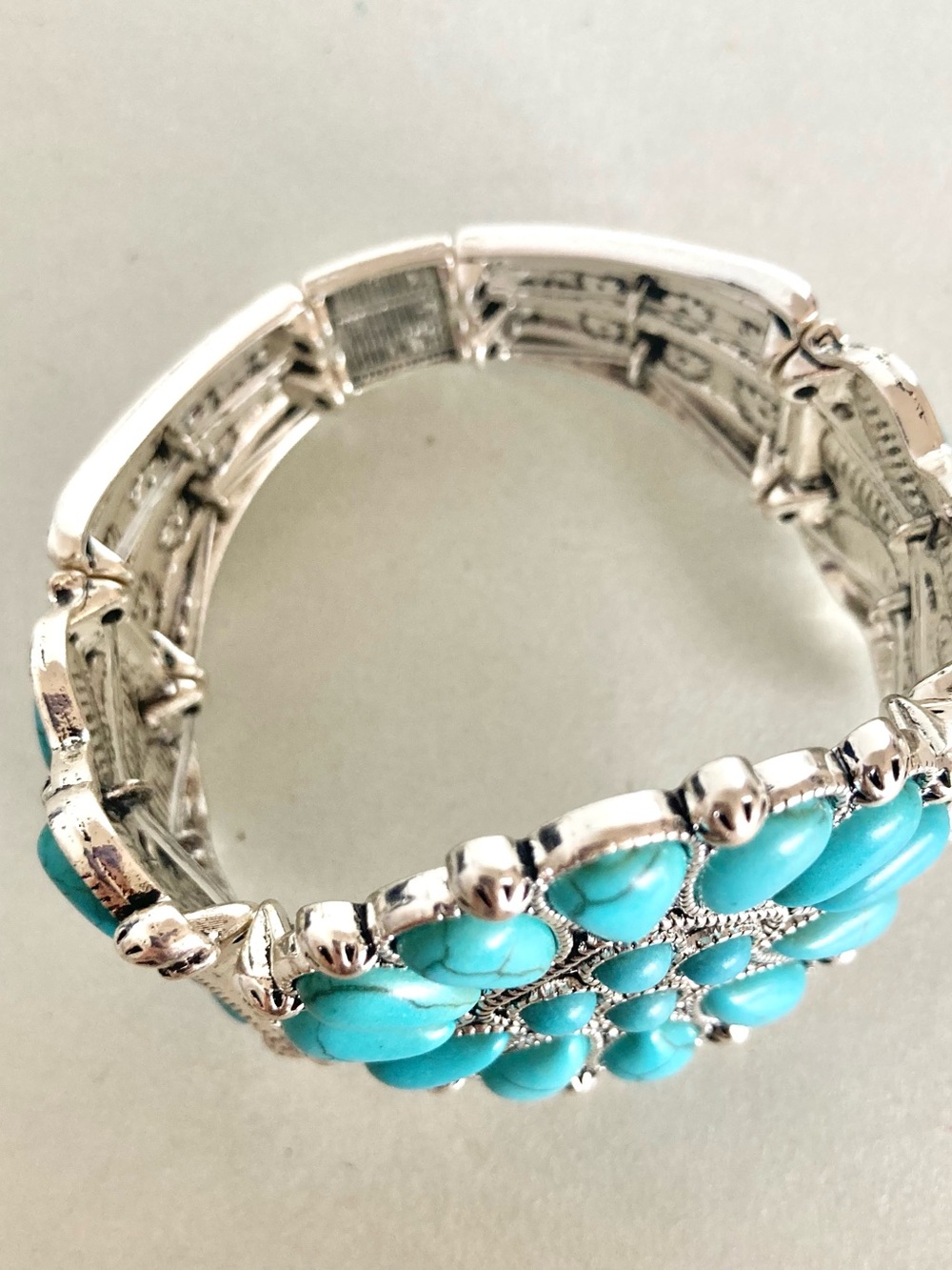 Plunder Silver & Turquoise tone Cluster NWOT boho cowgirl stretch Bracelet - Picture 6 of 9